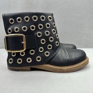 Alexander McQueen Womens 9 (EU 39) Ankle Boots Black Leather Buckle Gold Grommet